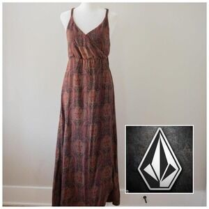 Boho Volcom Paisley Beach Burgundy Crossback V Neck Open Slit Maxi Womens Dress